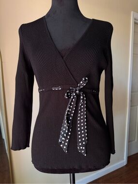 Polka dot bow detail wrap style ribbed knit long sleeve large silk blend I.N.C